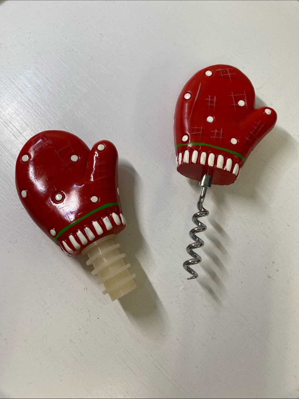 2 for $25 - Vintage Red Mitten Wine Stopper and Corkscrew Set